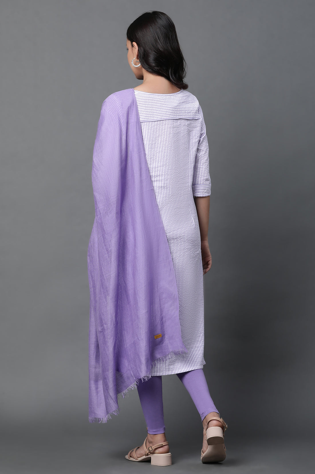 Purple Stripe Printed Kurta, Tights and Dupatta Set