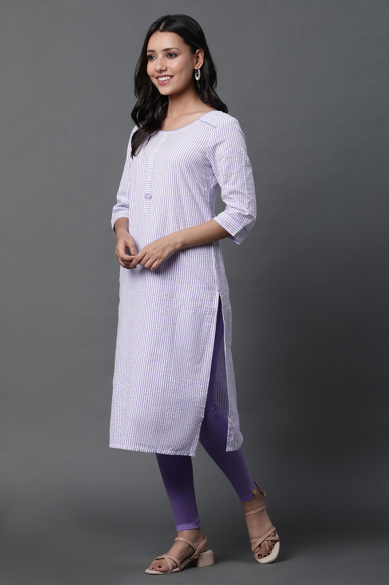 Purple Stripe Printed Kurta, Tights and Dupatta Set