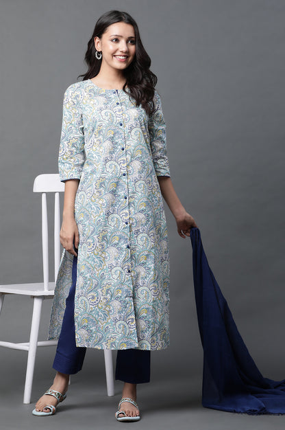 White Printed Kurta, Trousers and Dupatta Set