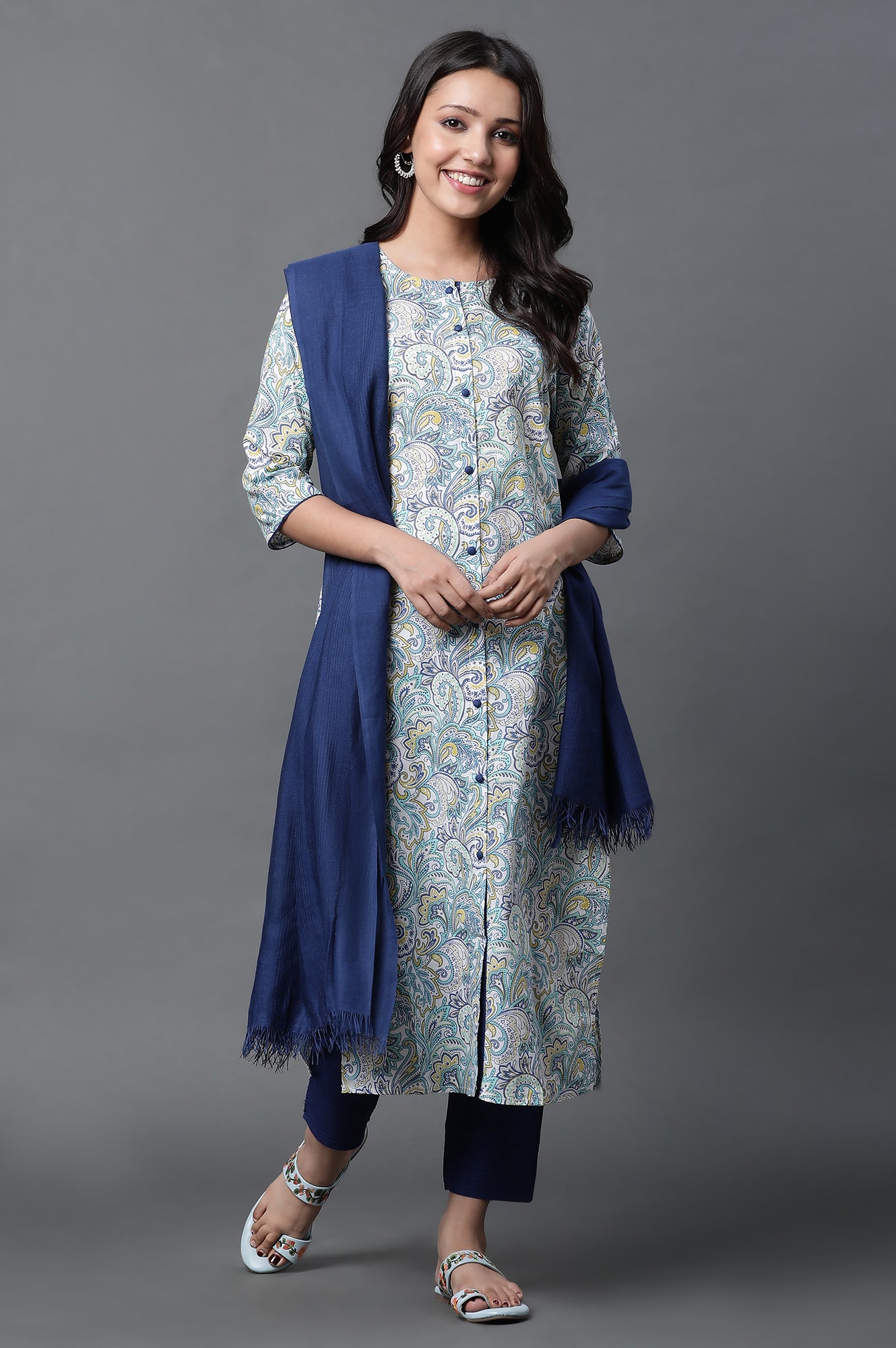 White Printed Kurta, Trousers and Dupatta Set