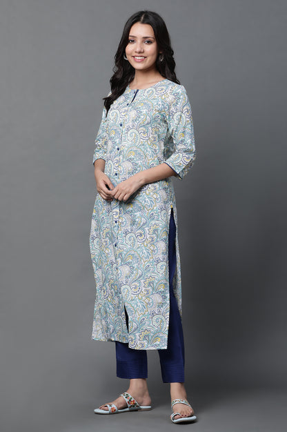 White Printed Kurta, Trousers and Dupatta Set