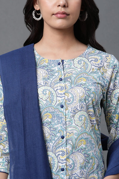 White Printed Kurta, Trousers and Dupatta Set