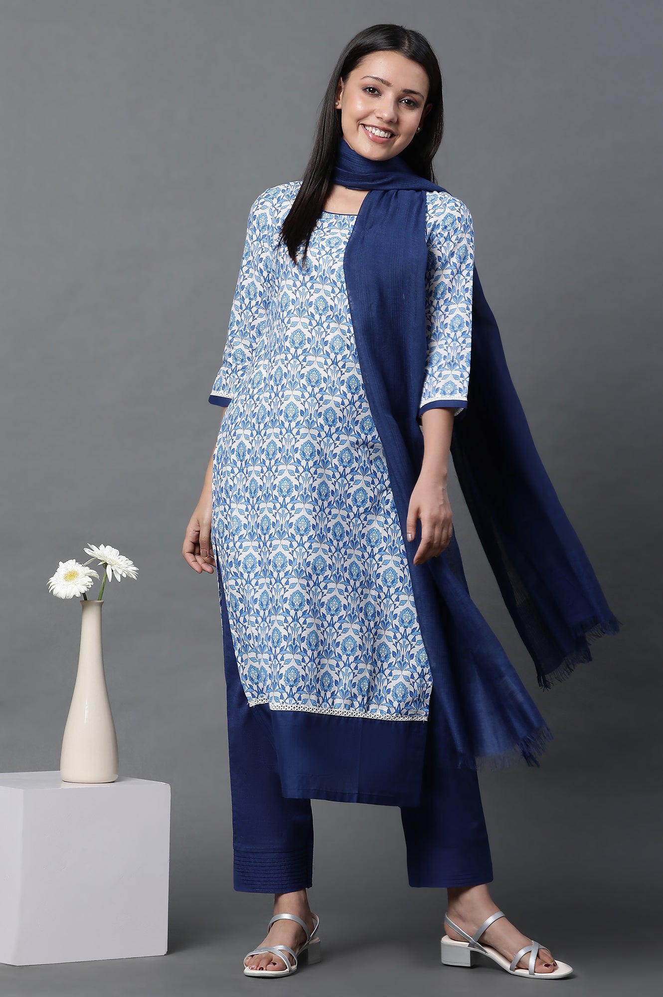 White Floral Printed Kurta, Trousers and Dupatta Set