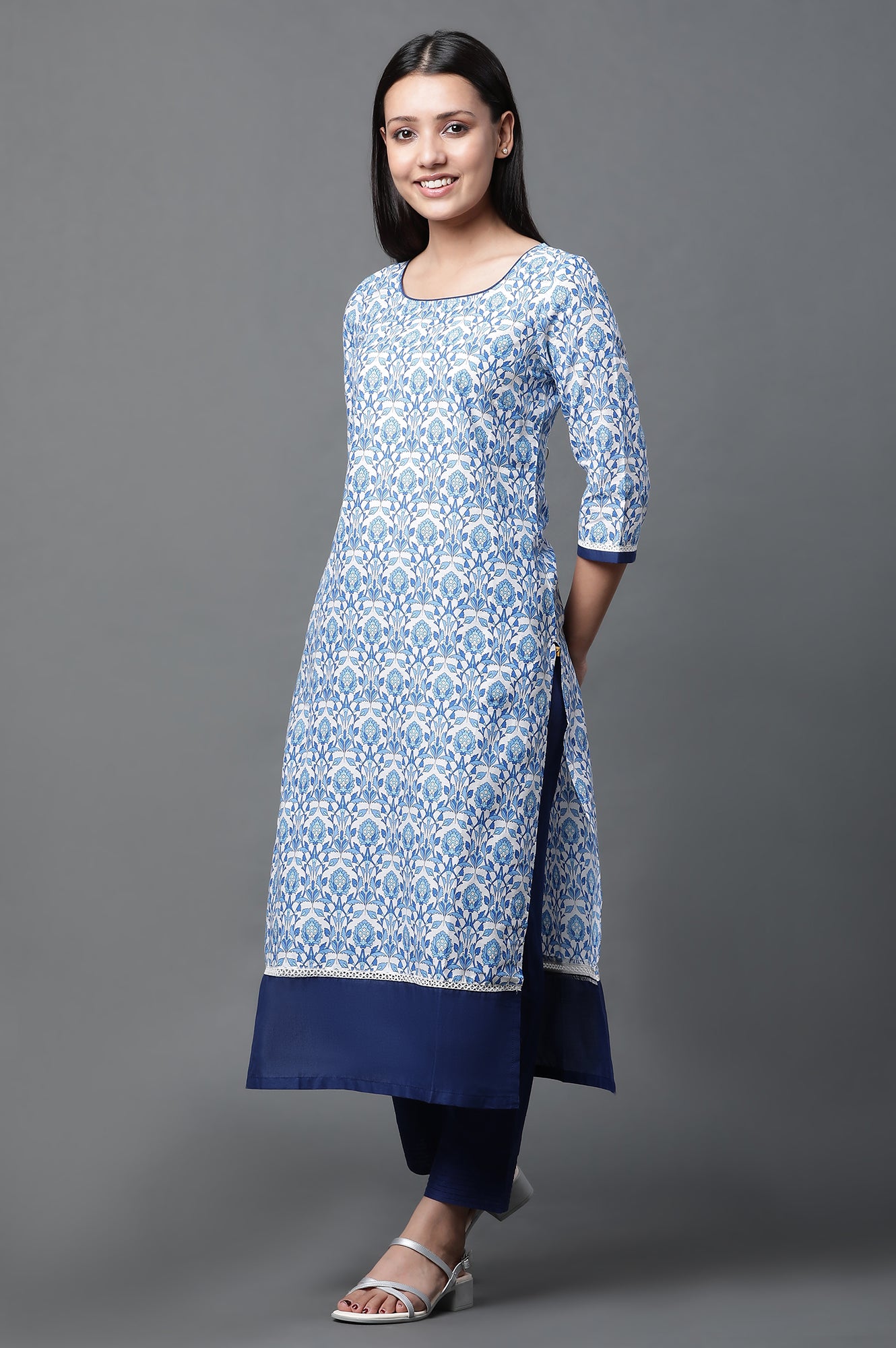 White Floral Printed Kurta, Trousers and Dupatta Set