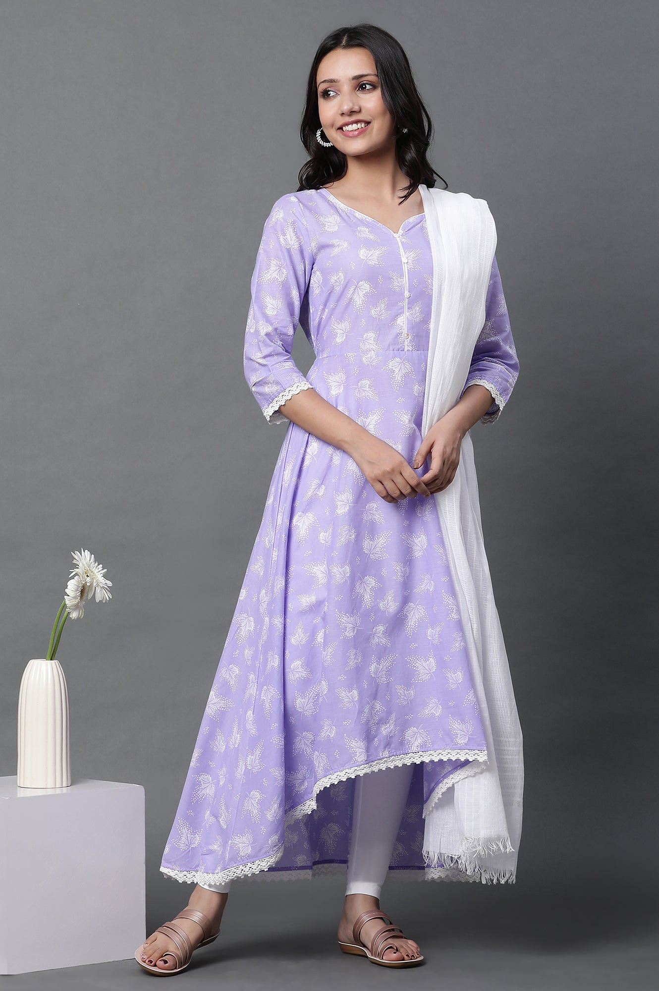 Purple Asymmetrical Kurta, Tights and Dupatta Set