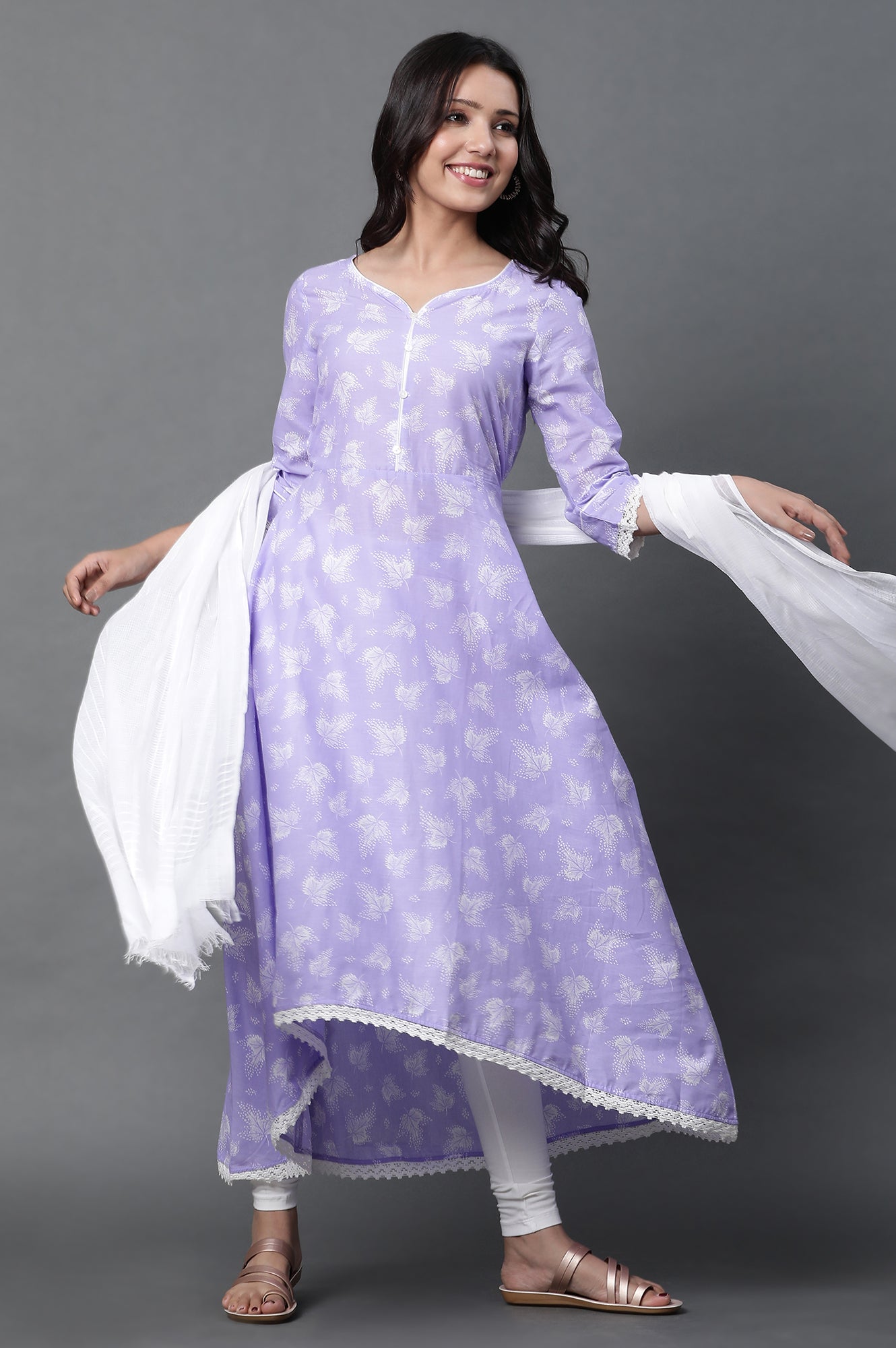 Purple Asymmetrical Kurta, Tights and Dupatta Set