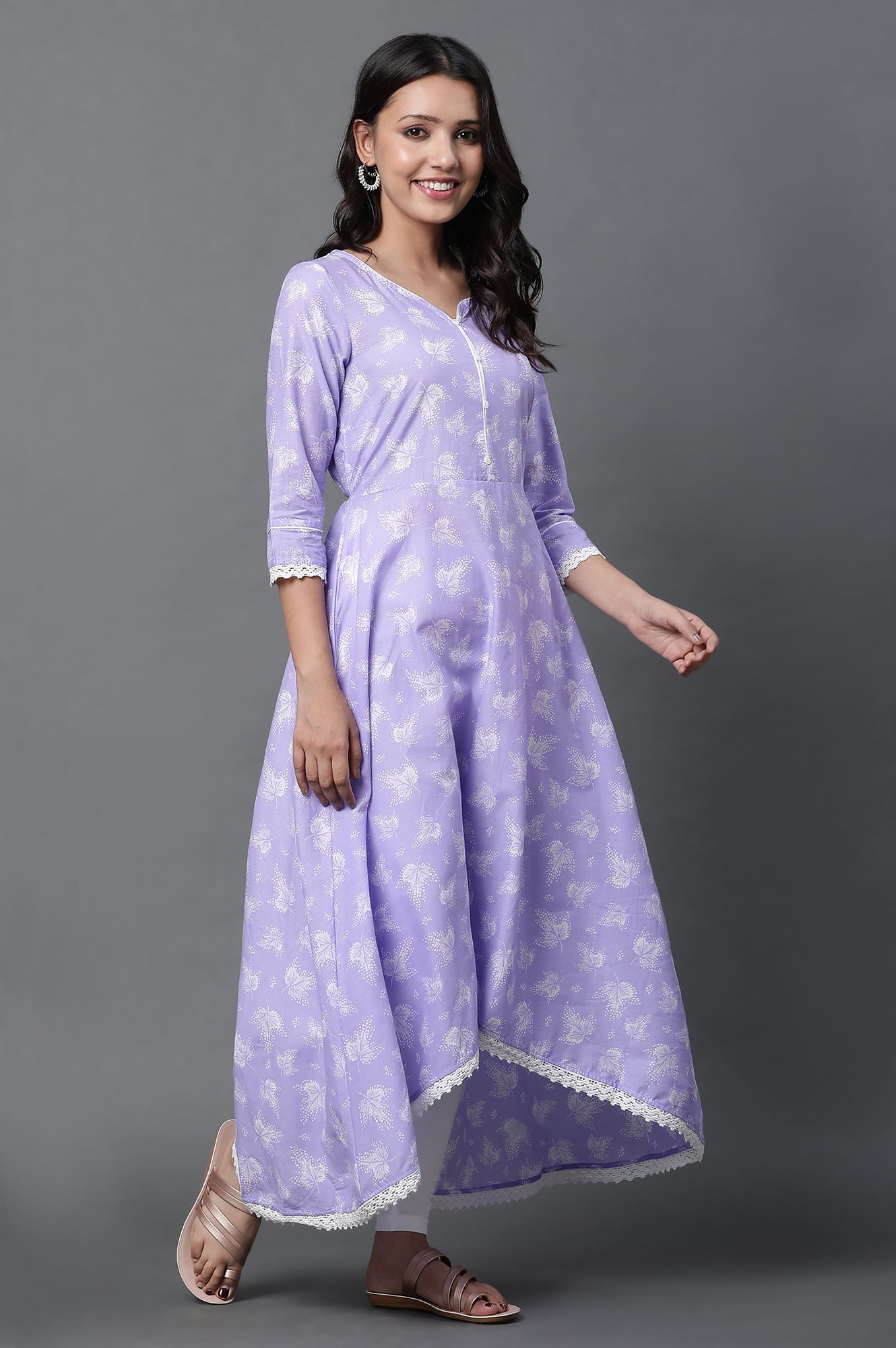 Purple Asymmetrical Kurta, Tights and Dupatta Set