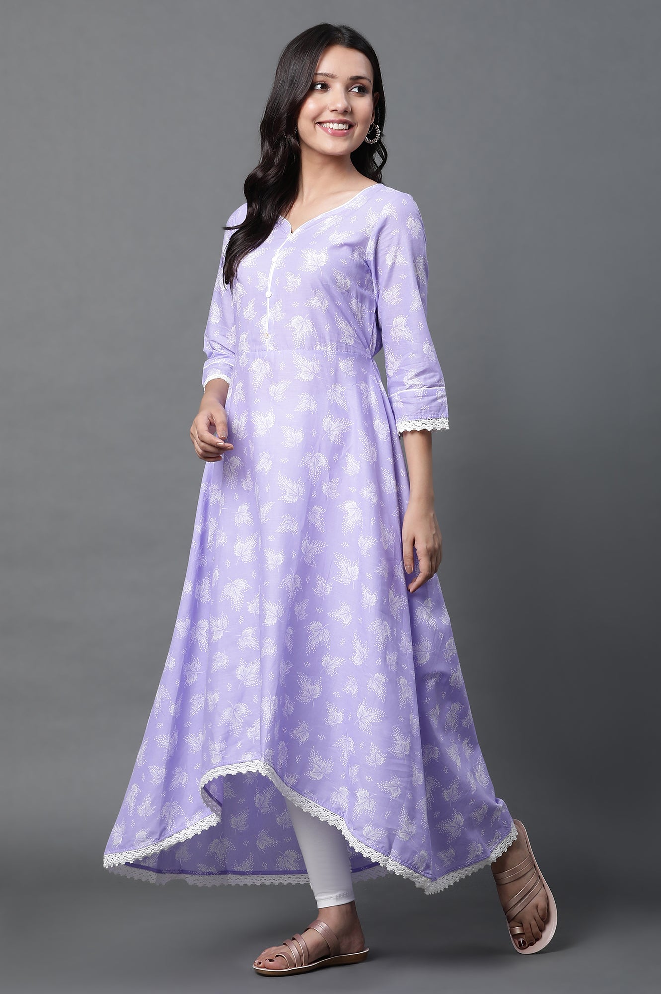 Purple Asymmetrical Kurta, Tights and Dupatta Set