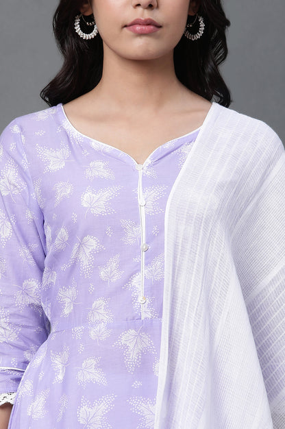 Purple Asymmetrical Kurta, Tights and Dupatta Set