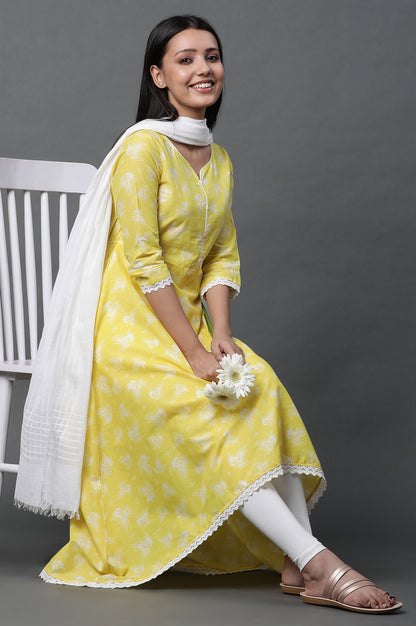 Yellow Asymmetrical Kurta, Tights and Dupatta Set