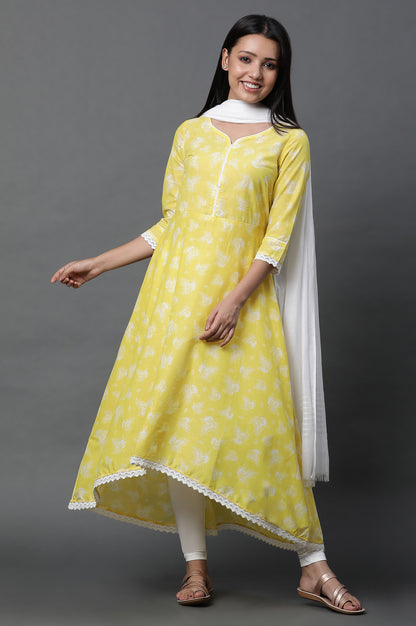 Yellow Asymmetrical Kurta, Tights and Dupatta Set