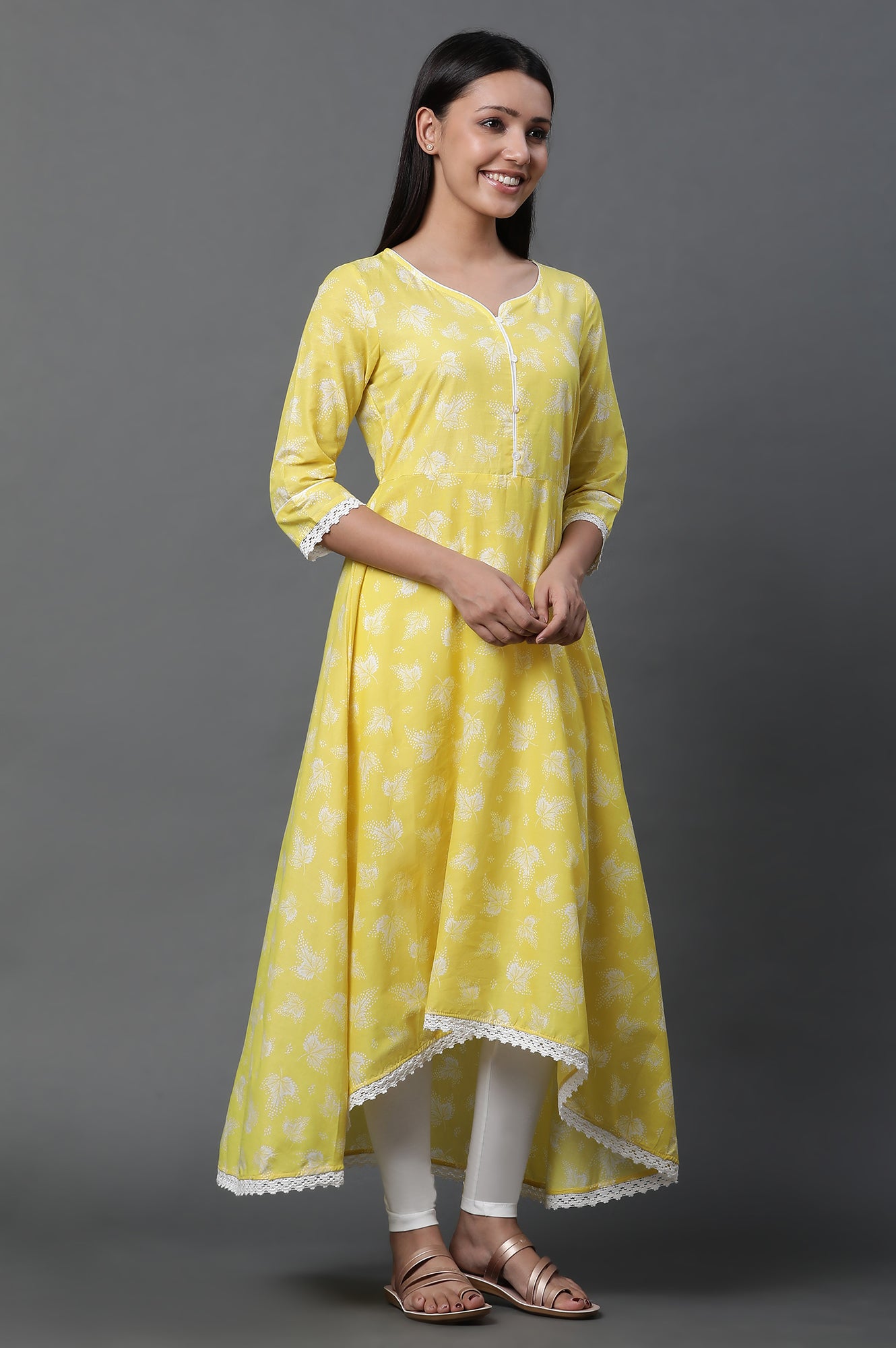 Yellow Asymmetrical Kurta, Tights and Dupatta Set