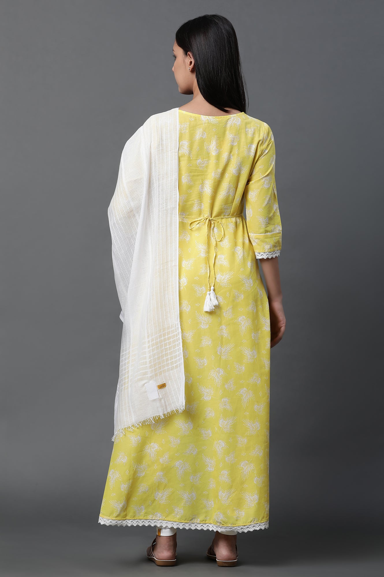 Yellow Asymmetrical Kurta, Tights and Dupatta Set