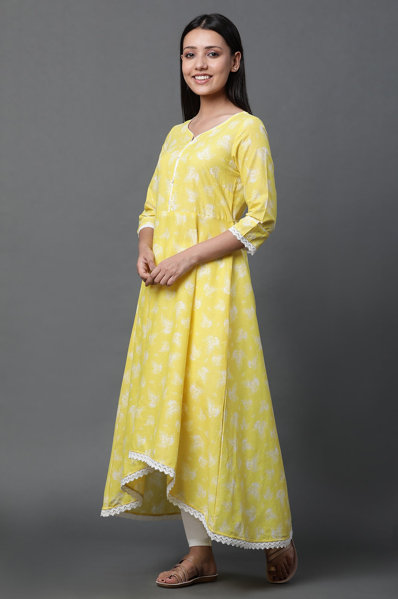 Yellow Asymmetrical Kurta, Tights and Dupatta Set