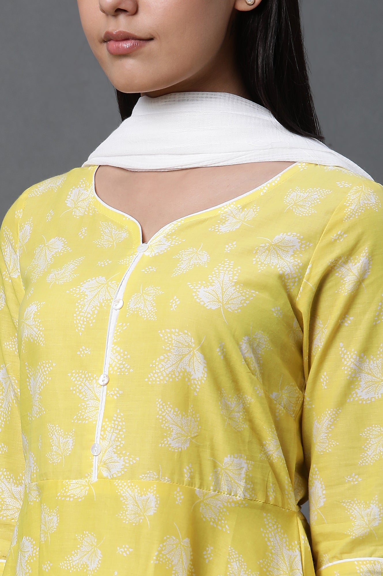 Yellow Asymmetrical Kurta, Tights and Dupatta Set