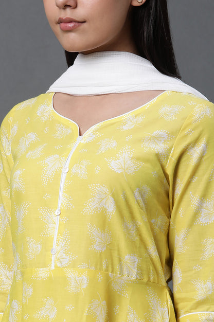 Yellow Asymmetrical Kurta, Tights and Dupatta Set