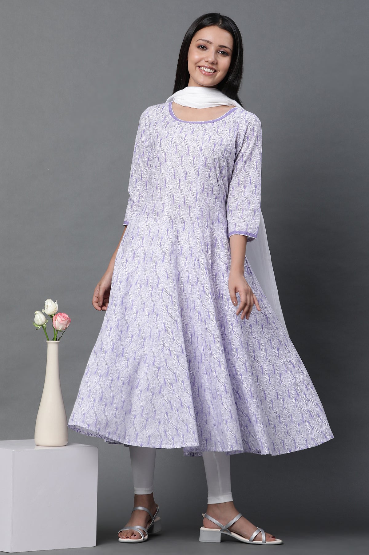 Purple Anarkali Kurta, Tights and Dupatta Set - XS