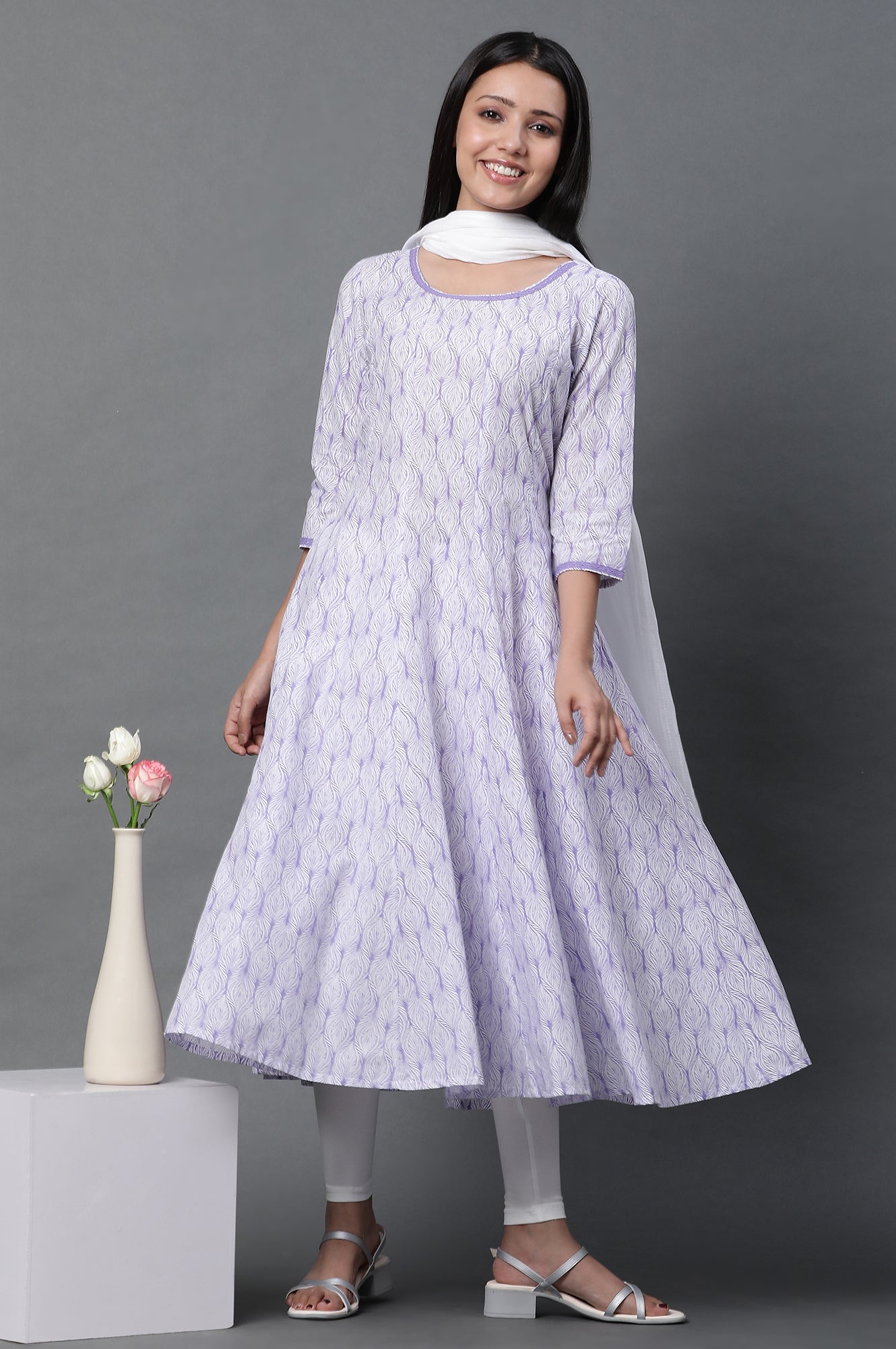 Purple Anarkali Kurta, Tights and Dupatta Set