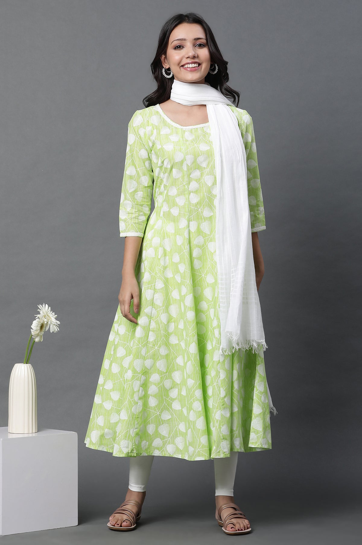 Green Anarkali Kurta, Tights and Dupatta Set - XS