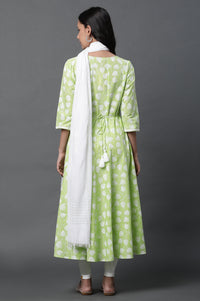 Green Anarkali Kurta, Tights and Dupatta Set