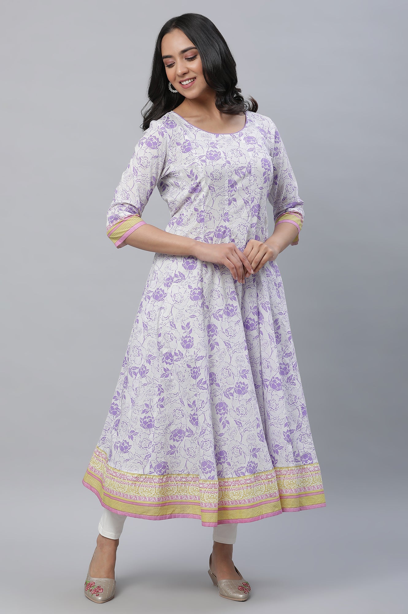 White Kalidar Floral Printed Kurta, Tights and Dupatta Set