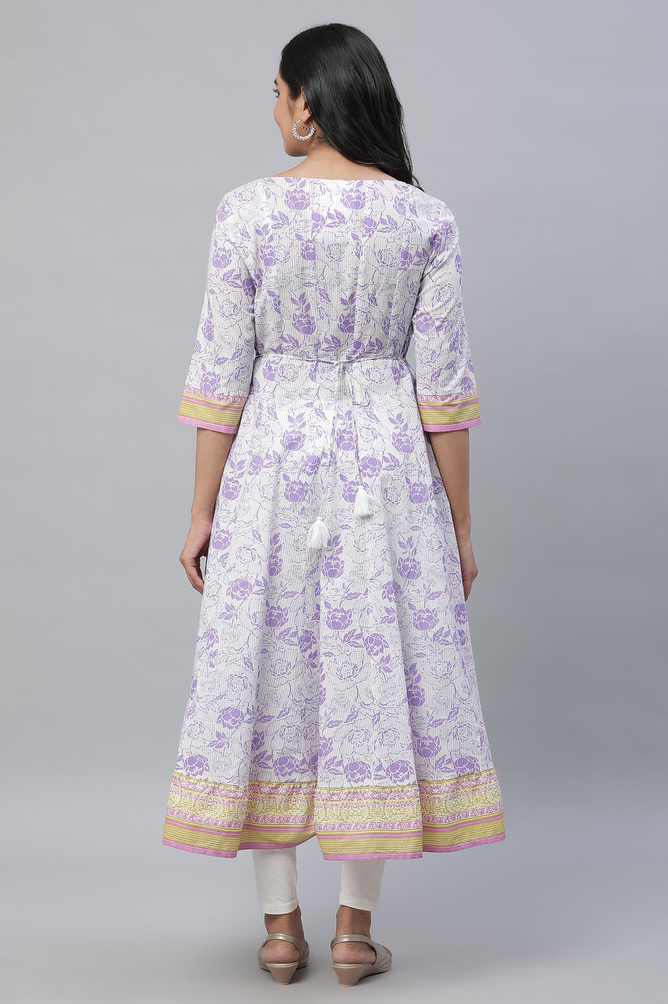 White Kalidar Floral Printed Kurta, Tights and Dupatta Set