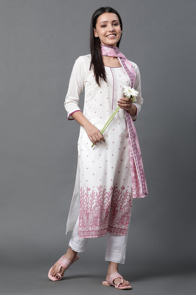 White Floral Printed Kurta, Trousers and Dupatta Set