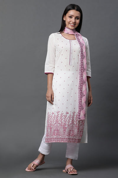 White Floral Printed Kurta, Trousers and Dupatta Set