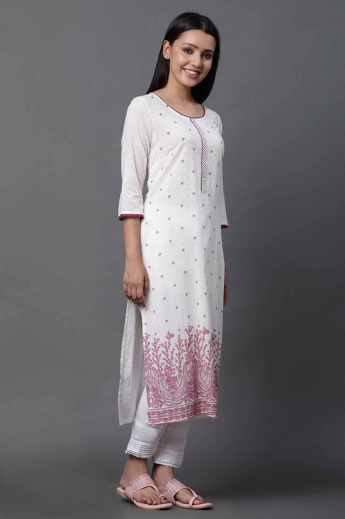 White Floral Printed Kurta, Trousers and Dupatta Set