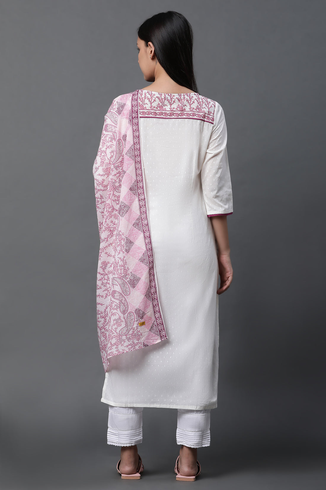 White Floral Printed Kurta, Trousers and Dupatta Set