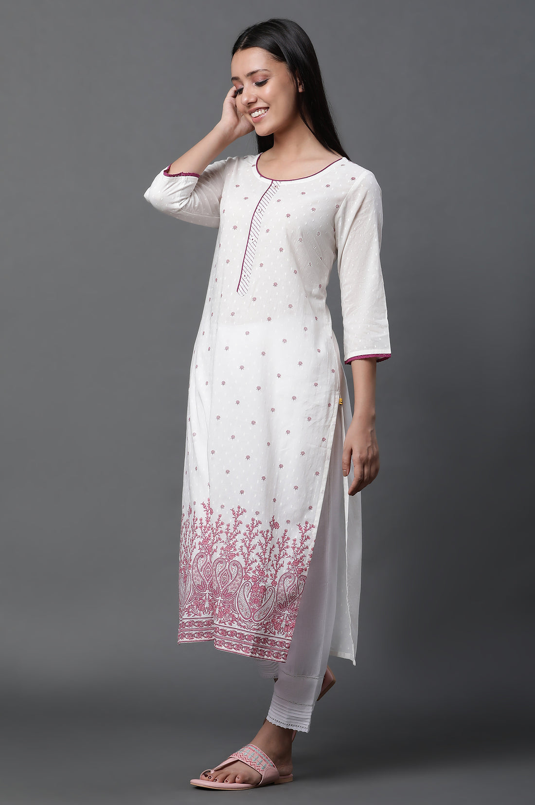 White Floral Printed Kurta, Trousers and Dupatta Set