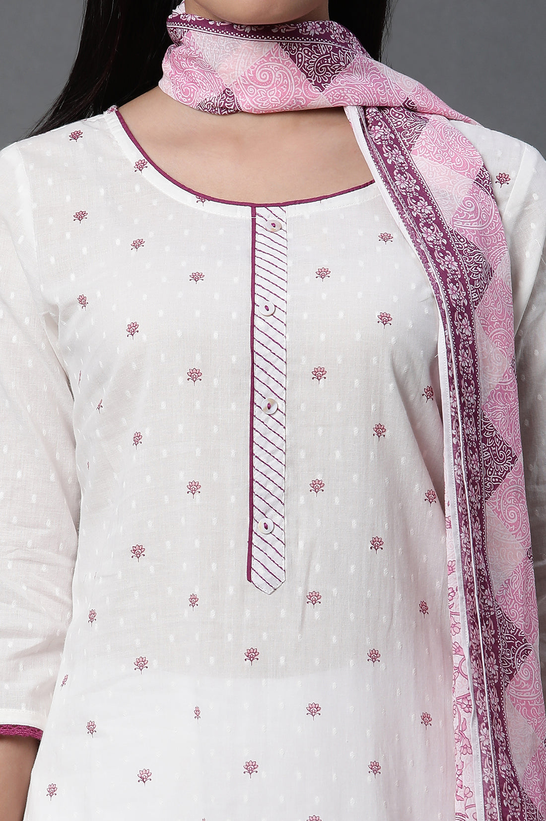 White Floral Printed Kurta, Trousers and Dupatta Set