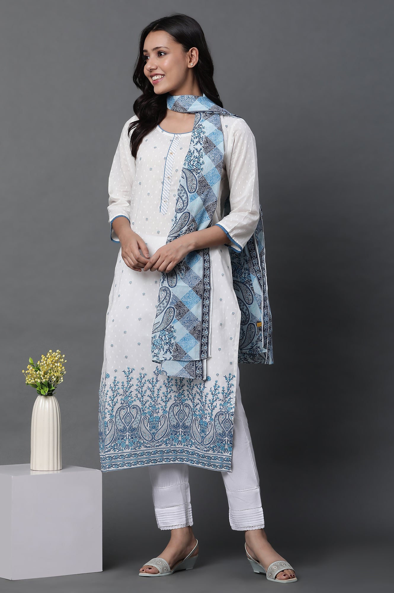 White Floral Printed Kurta, Trousers and Dupatta Set