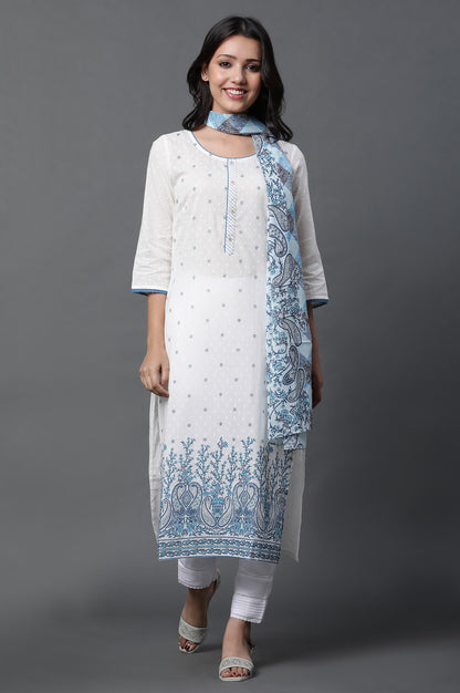 White Floral Printed Kurta, Trousers and Dupatta Set