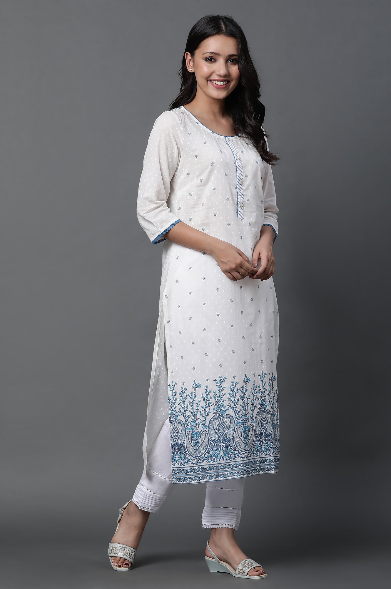 White Floral Printed Kurta, Trousers and Dupatta Set