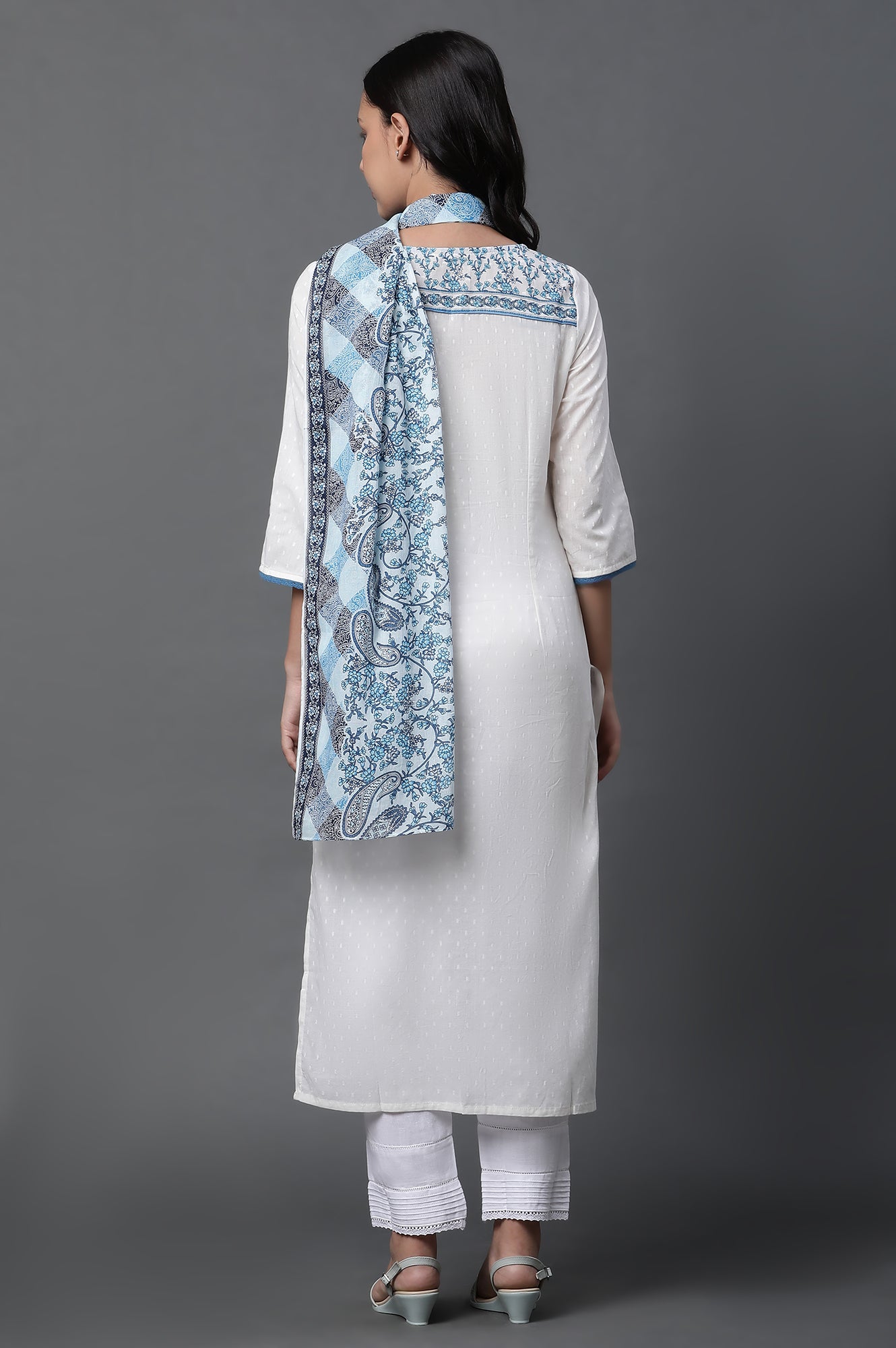 White Floral Printed Kurta, Trousers and Dupatta Set