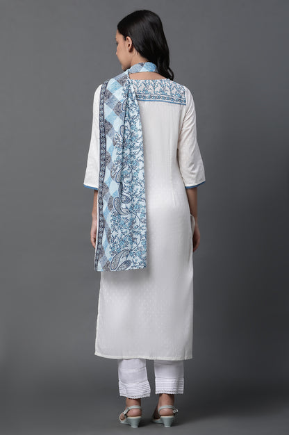 White Floral Printed Kurta, Trousers and Dupatta Set