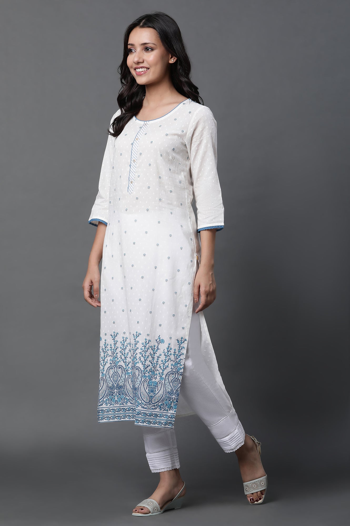 White Floral Printed Kurta, Trousers and Dupatta Set