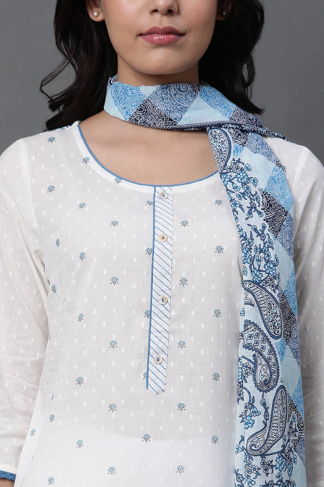 White Floral Printed Kurta, Trousers and Dupatta Set