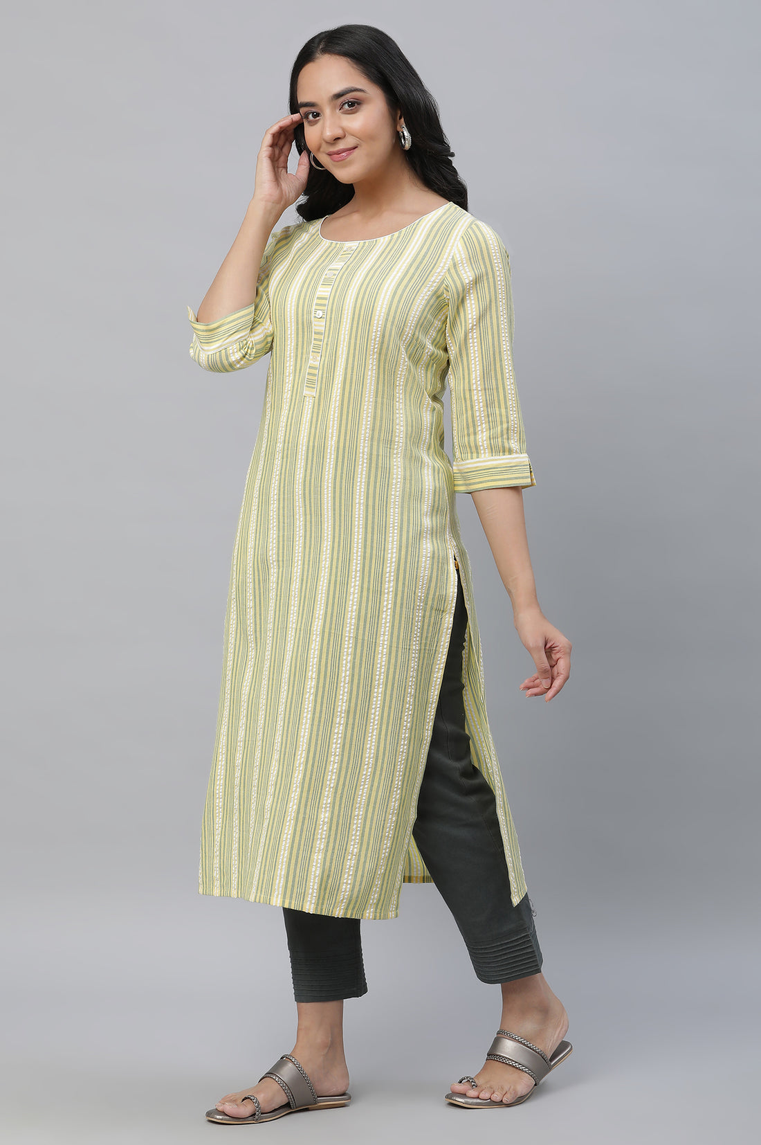 Green Stripe Textured Cotton Kurta and Trouser Set