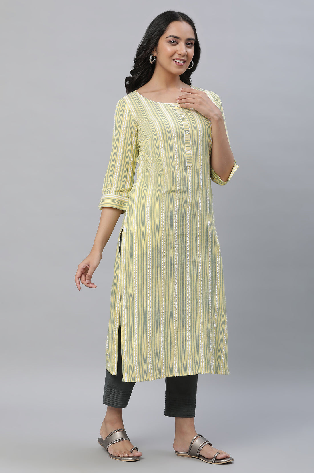 Green Stripe Textured Cotton Kurta and Trouser Set