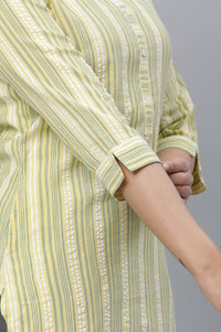 Green Stripe Textured Cotton Kurta and Trouser Set