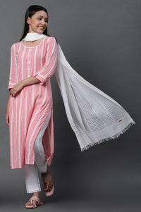Peach Textured Cotton Kurta, Trousers and Dupatta Set