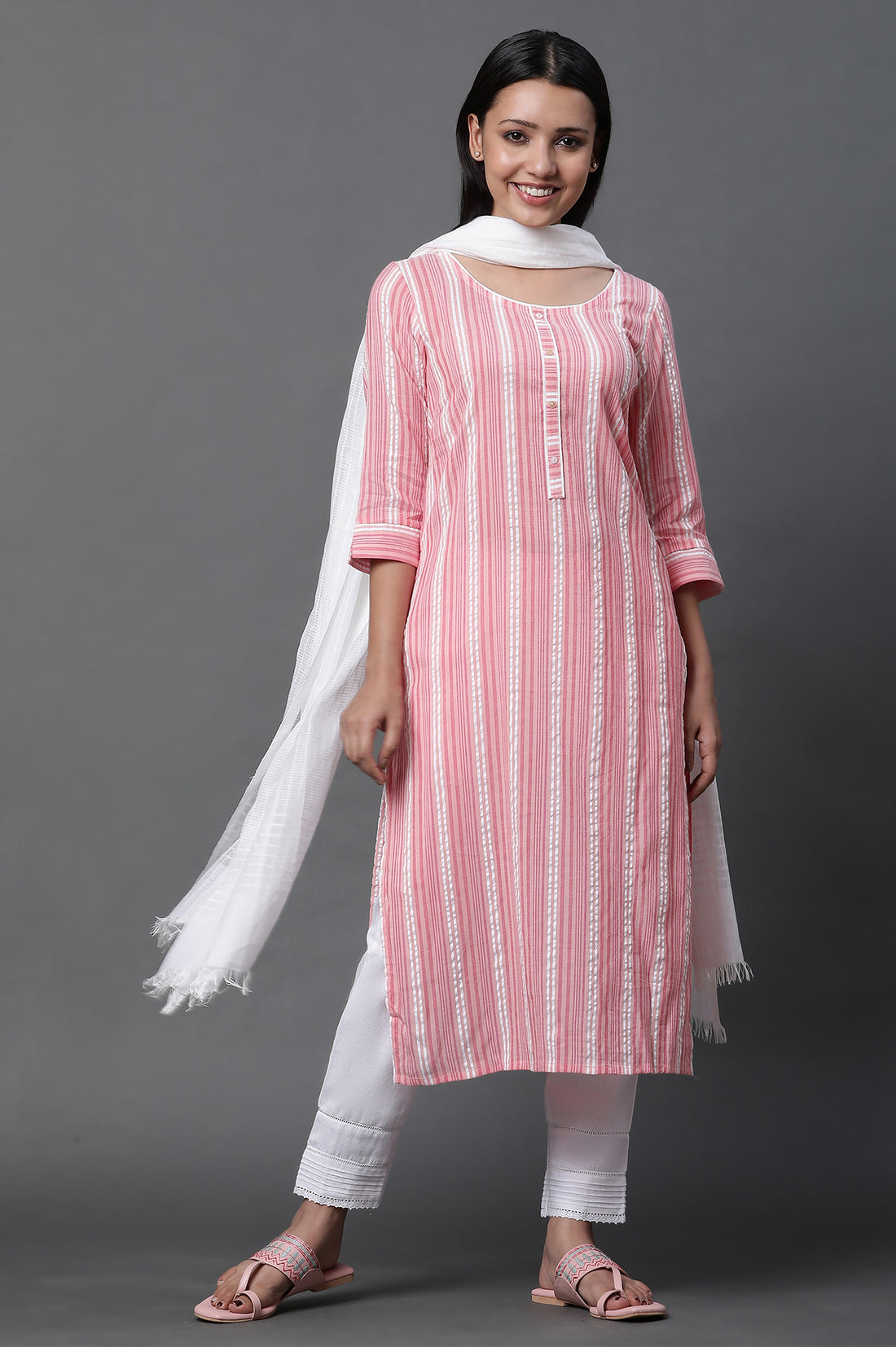 Peach Textured Cotton Kurta, Trousers and Dupatta Set