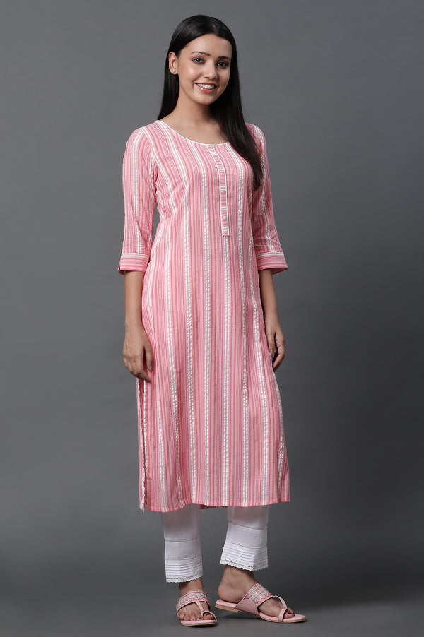 Peach Textured Cotton Kurta, Trousers and Dupatta Set