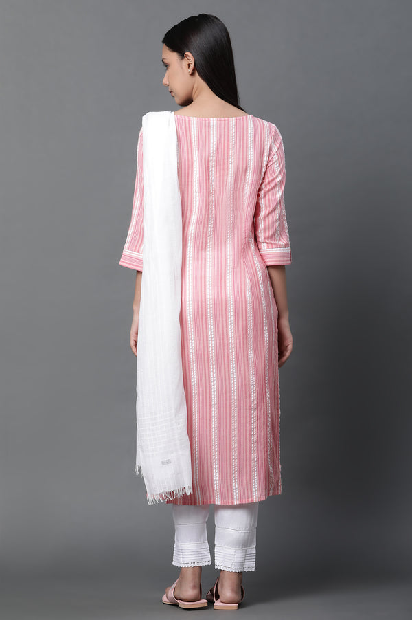 Peach Textured Cotton Kurta, Trousers and Dupatta Set