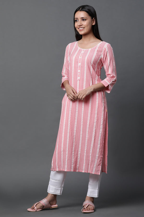 Peach Textured Cotton Kurta, Trousers and Dupatta Set