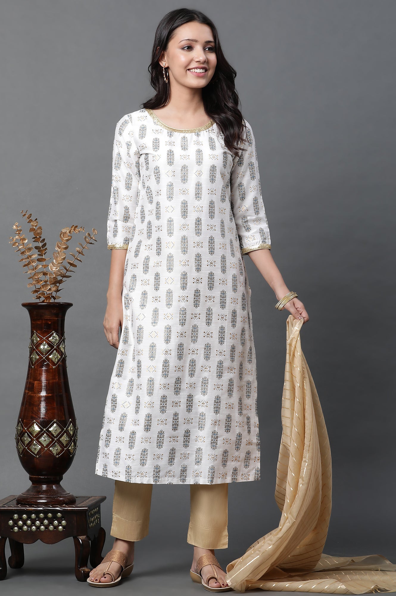 White Printed Sequined Kurta, Trousers and Dupatta Set