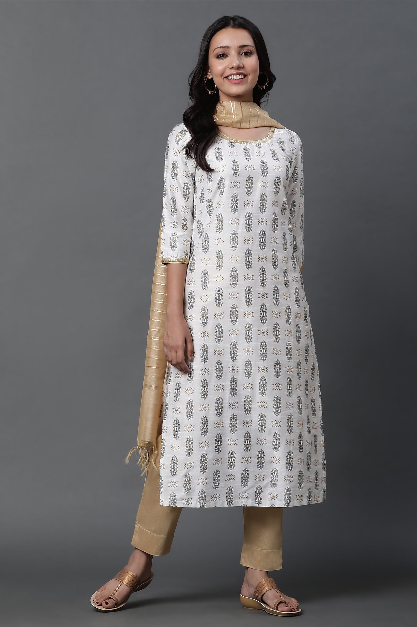 White Printed Sequined Kurta, Trousers and Dupatta Set