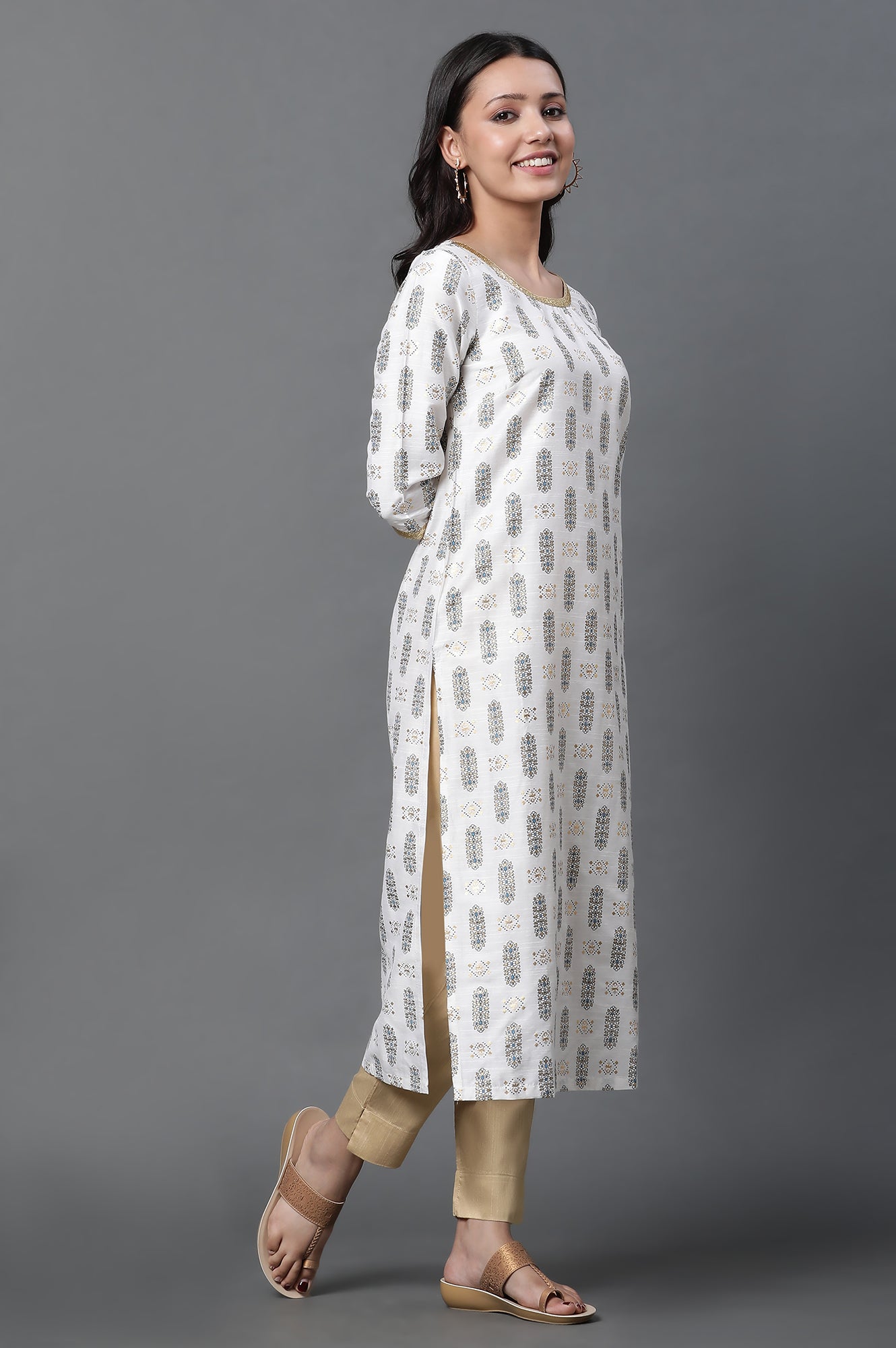 White Printed Sequined Kurta, Trousers and Dupatta Set